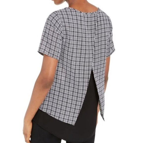 Michael Kors Womens Black & White Plaid Short Sleeve Top With Split Back Medium - Picture 2 of 14